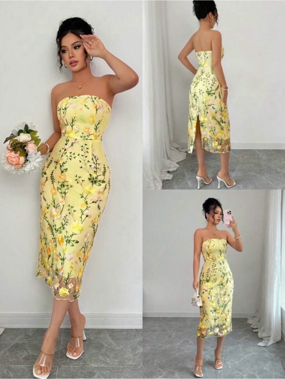 Strapless Yellow Floral Midi Dress